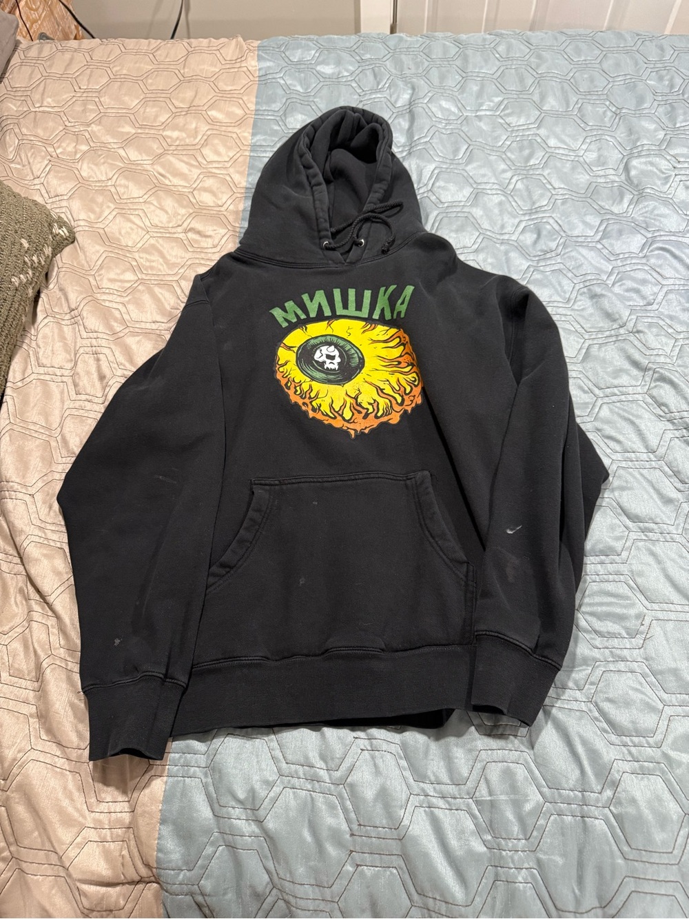 Vintage MISHKA NYC MNWKA Flame Eyeball USA Made Hoodie Sweatshirt L